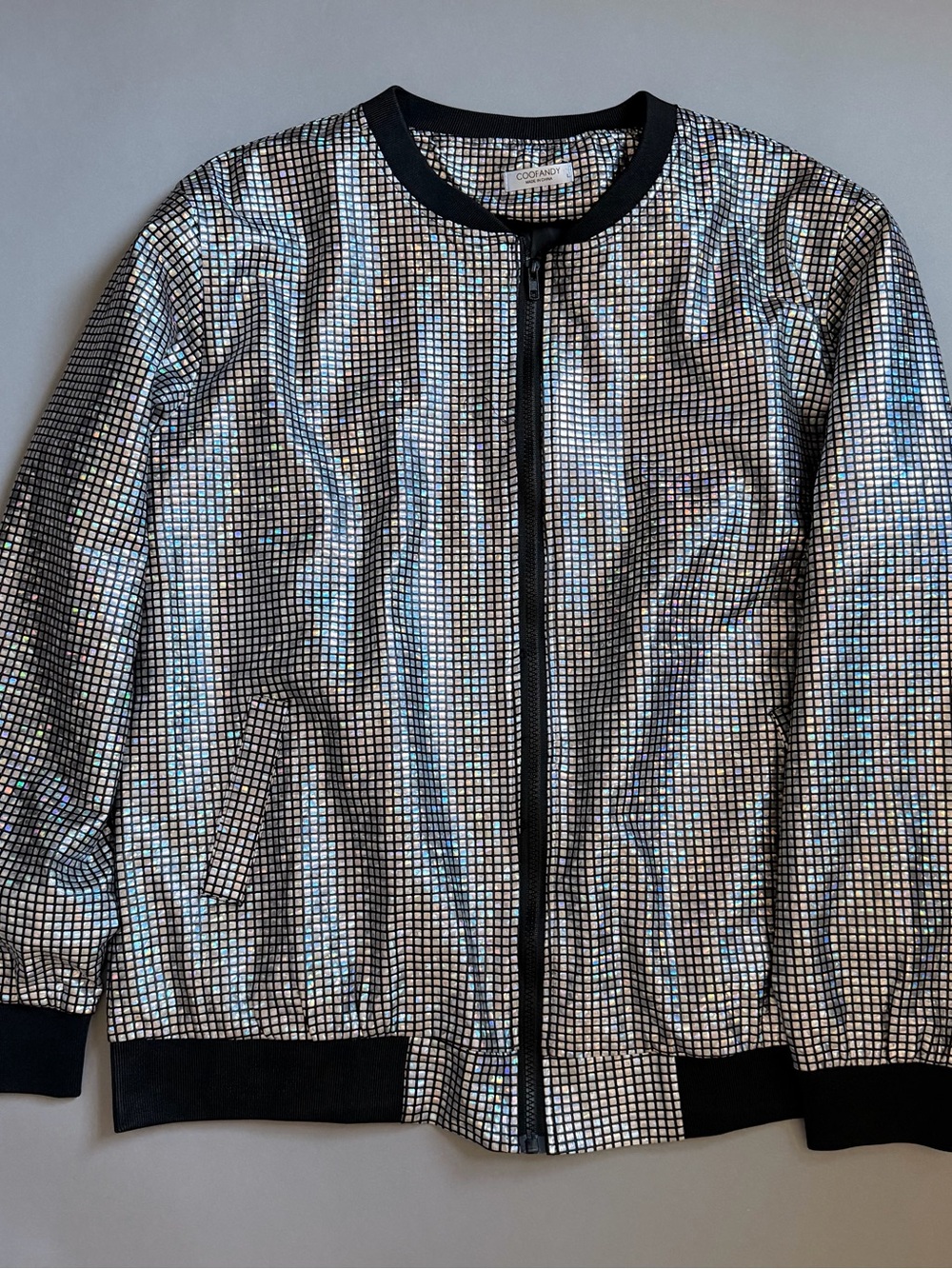 Coofandy Men's Metallic Silver & Black Mosaic Bomber Jacket - Picture 1 of 2